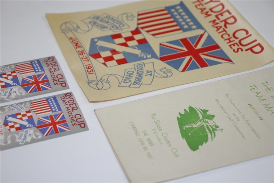 1931 Ryder Cup at Scioto Country Club Logo Sticker, Two Silver Logo Stickers, & Ryder Cup History Booklet