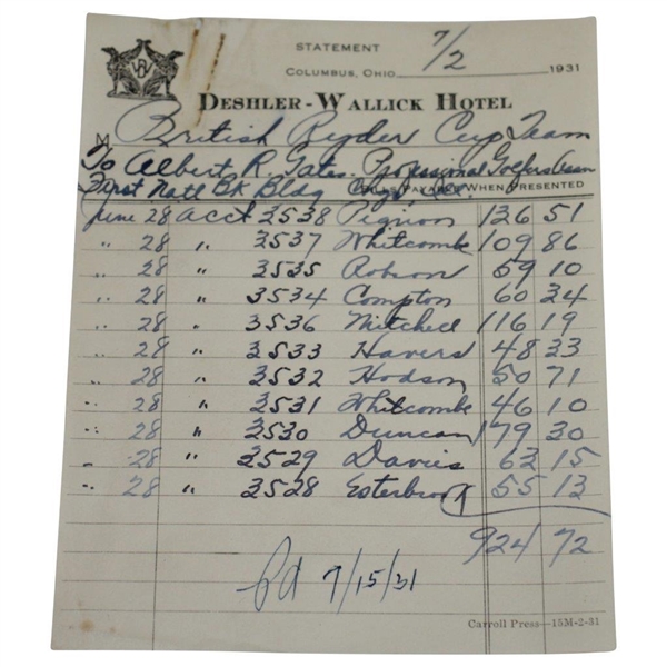 1931 British Ryder Cup Team Signed Hotel Room Service Receipts - Eleven JSA ALOA