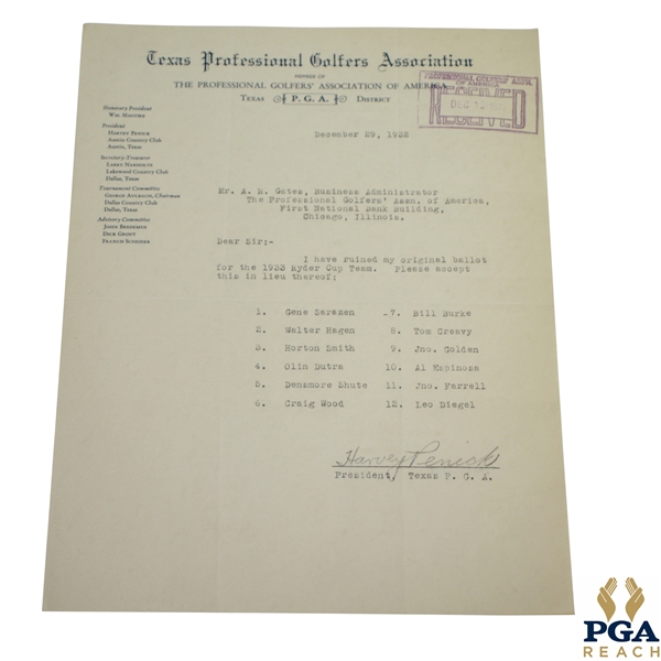 Harvey Penick Signed 1933 Ryder Cup Team Member Ballot - 12/29/32 JSA ALOA