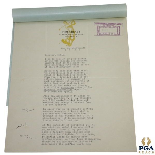 Tom Creavy Signed 1933 Ryder Cup Team Member Voting Inquiry - Why Not Him? JSA ALOA