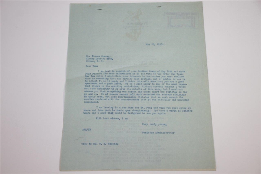 Tom Creavy Signed 1933 Ryder Cup Team Member Voting Inquiry - Why Not Him? JSA ALOA