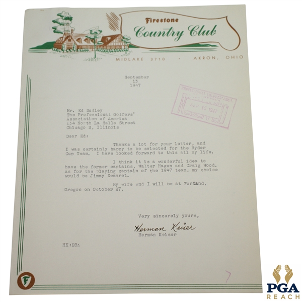 Herman Keiser Signed 1947 Ryder Cup Team Nomination Acceptance Letter JSA ALOA
