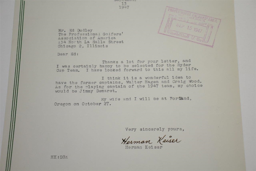 Herman Keiser Signed 1947 Ryder Cup Team Nomination Acceptance Letter JSA ALOA