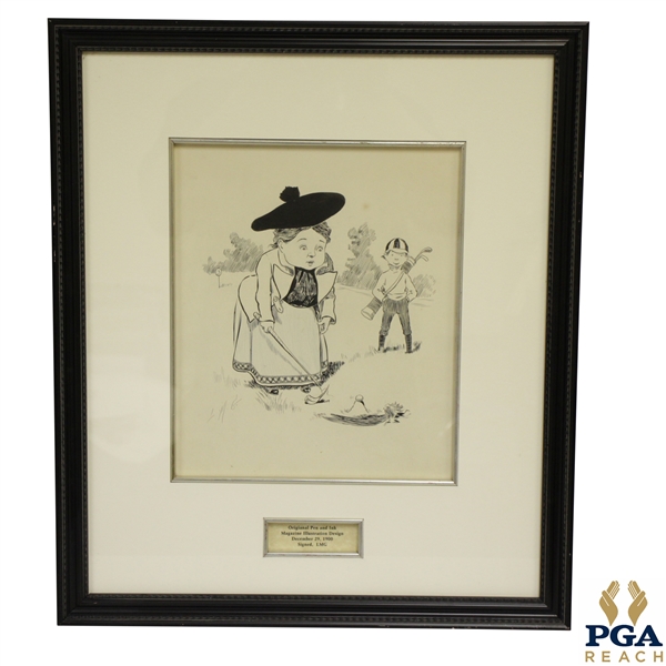 Circa 1900 Lady Golfer Cartoon Original Pen & Ink Drawing Signed by LMG