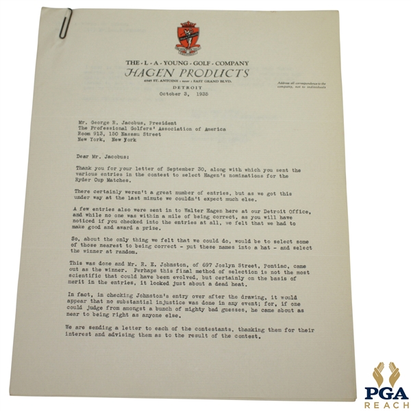 1935 Hagen Products Letter to PGA's Jacobus Regarding Hagen's Nominations for Ryder Cup Matches 