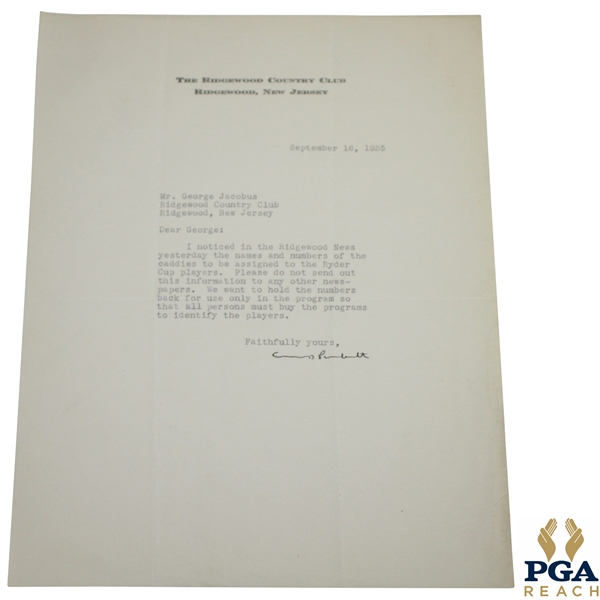 1935 Ridgewood CC Letter to PGA's Jacobus Asking Not to List Caddy Numbers So Programs Can Sell