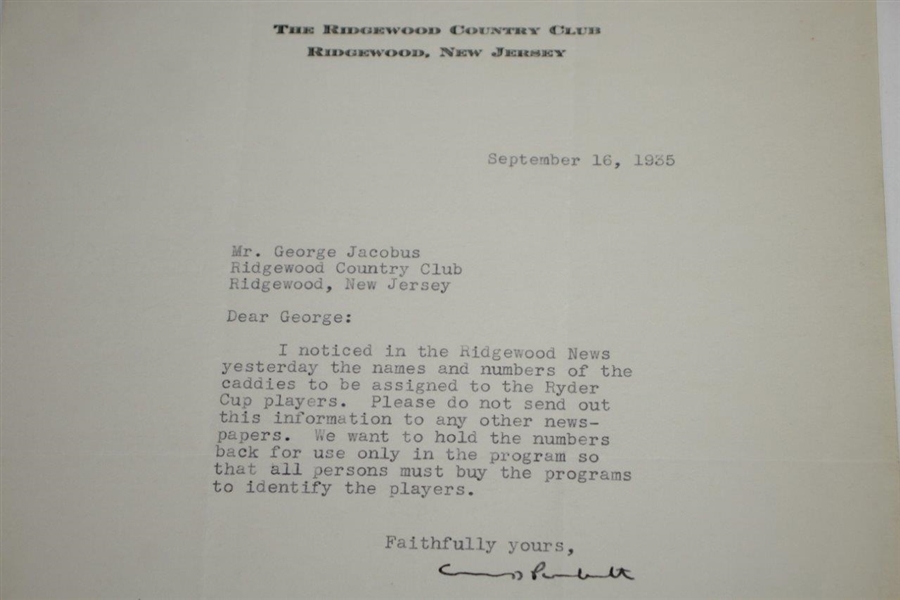 1935 Ridgewood CC Letter to PGA's Jacobus Asking Not to List Caddy Numbers So Programs Can Sell