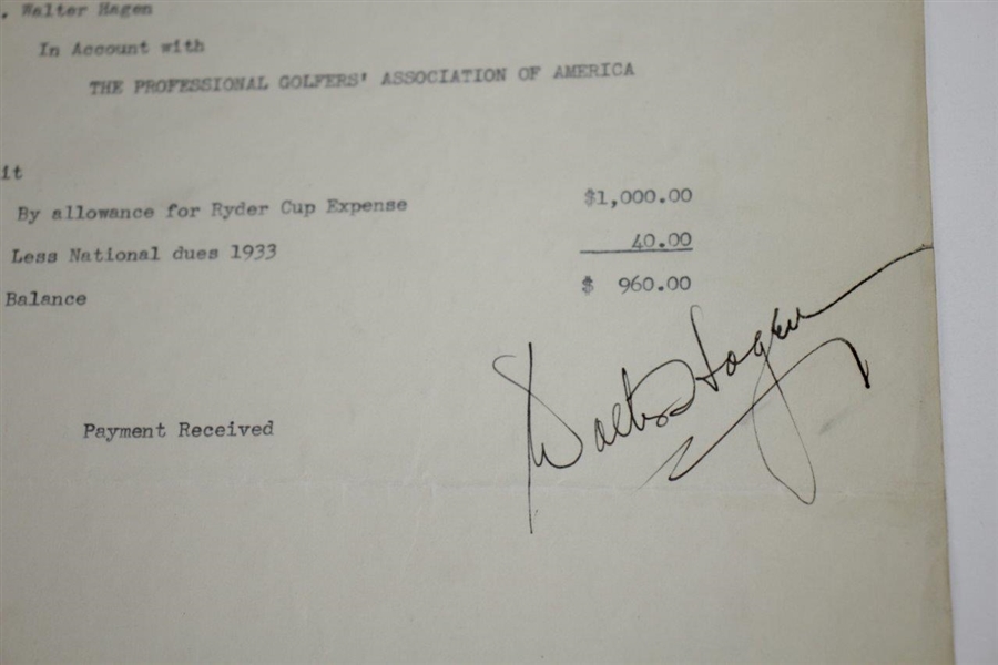Walter Hagen Signed 1933 Ryder Cup Expense Breakdown Sheet JSA ALOA