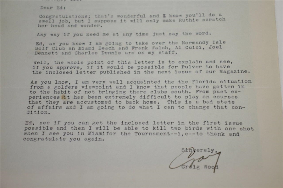 Craig Wood Signed 1941 Ryder Cup Team Captain Response Letter to Ed Dudley JSA ALOA