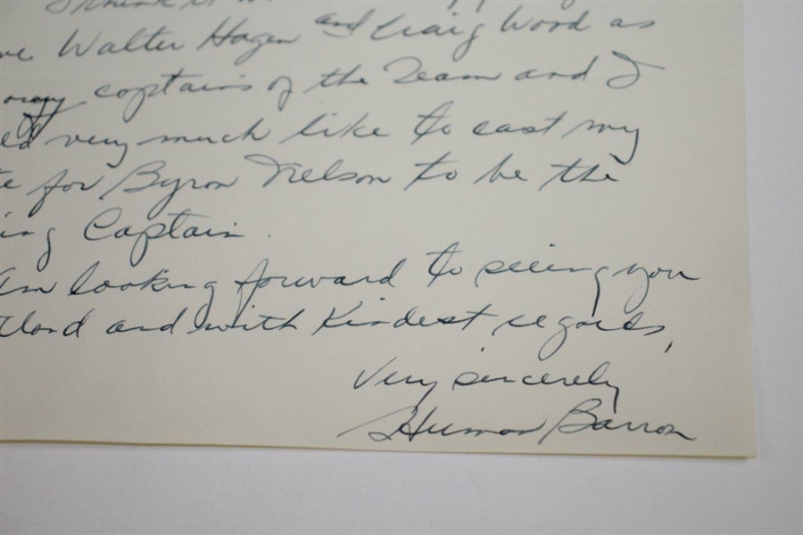 Herman Barron Signed Handwritten 1947 Ryder Cup Team Nomination Acceptance Letter JSA ALOA