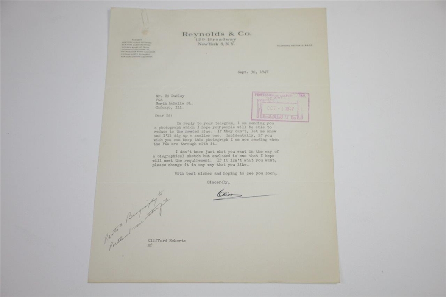 Clifford Roberts Signed 1947 Letter with Handwritten Biographical Sketch for Ryder Cup JSA ALOA