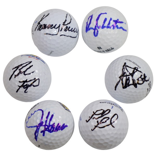 Kenny Perry, Jay Haas, Fred Funk, Brad Faxon, Steve Pate, & Rory Sabbatini Signed Golf Balls JSA ALOA