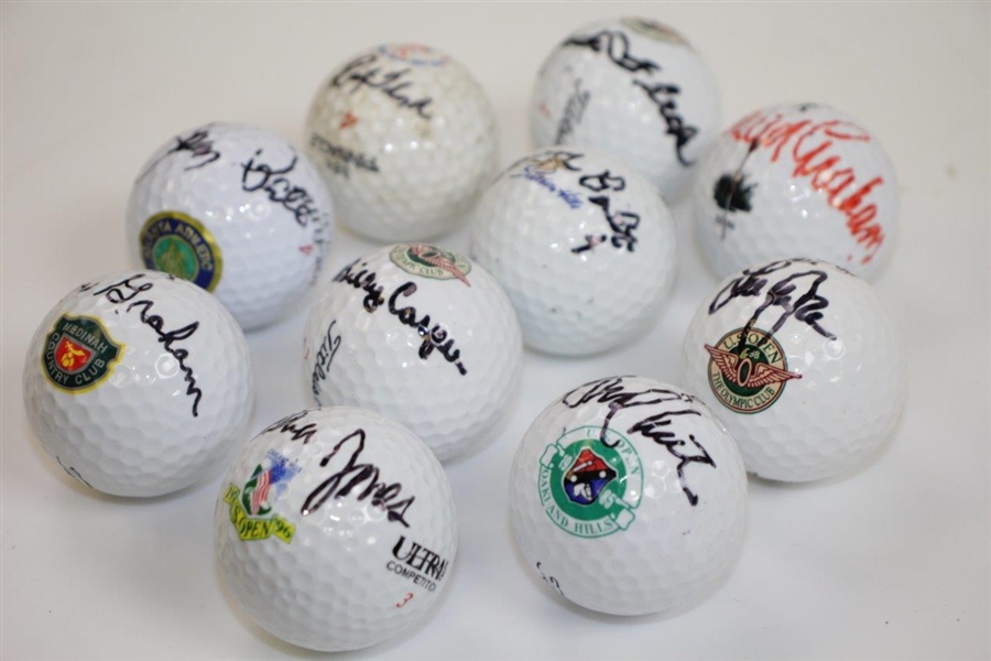 Ten US Open Champions Signed Winning Course Logo Golf Balls JSA ALOA