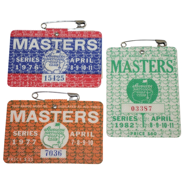 1976, 1977, & 1982 Masters Tournament Series Badges #15425, #7036, & #03387