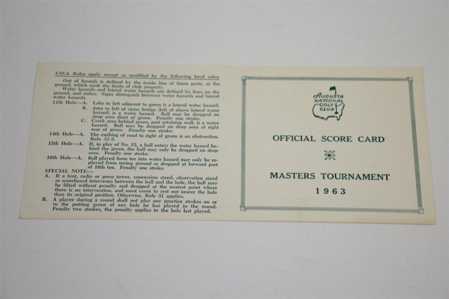 Art Wall Jr. Signed 1963 Masters Tournament Official Scorecard W/His Scoring in Final Round 1959 WinJSA ALOA