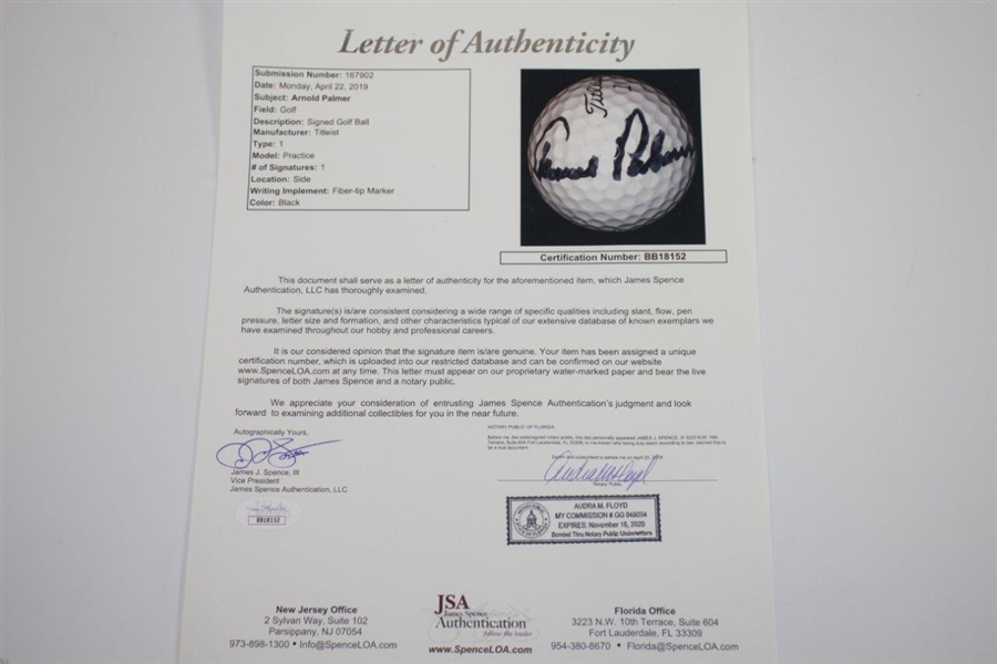 Arnold Palmer Signed Titleist Practice Logo Golf Ball FULL JSA #BB18152