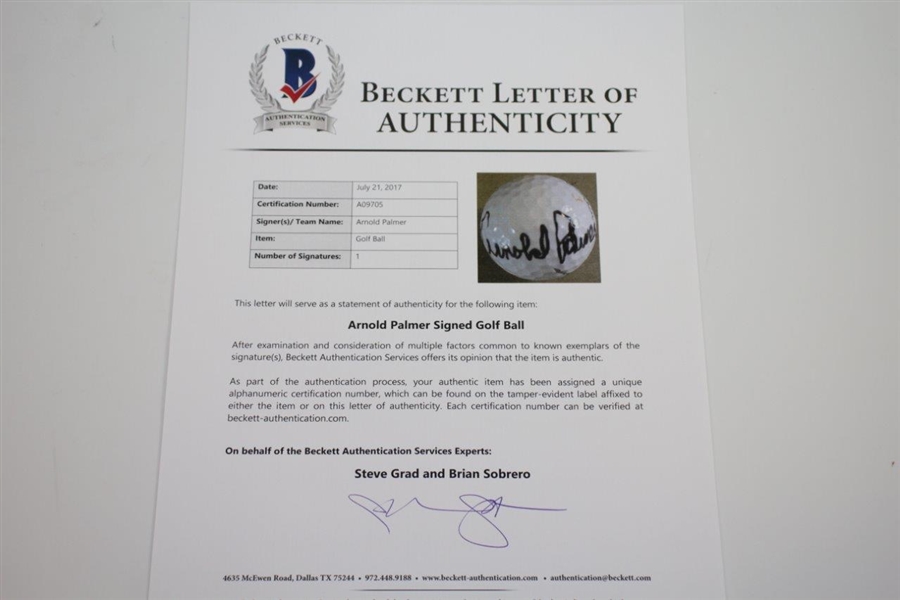 Arnold Palmer Signed Masters Logo Golf Ball BECKETT #A09705