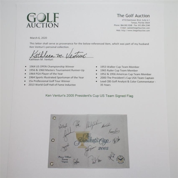 Ken Venturi's 2005 President's Cup US Team Signed Flag with Woods, Nicklaus, Mickelson, & others JSA ALOA