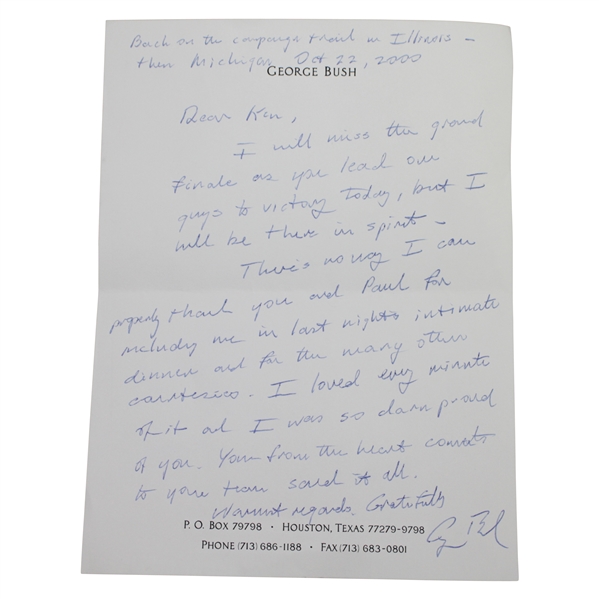 President George H.W. Bush Signed Handwritten Letter to Ken Venturi - President's Cup Content JSA ALOA