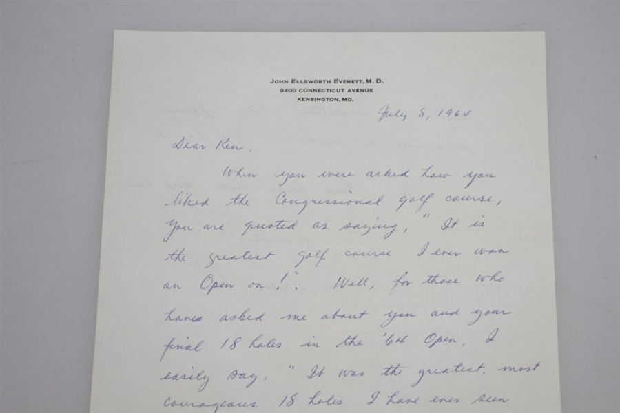 Dr. John Ellsworth Everett Handwritten 7/8/64 Letter to Ken Venturi - US Open Content