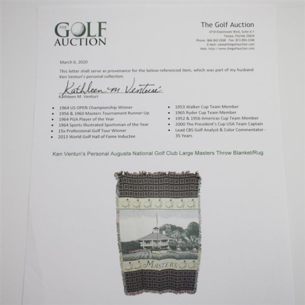Ken Venturi's Personal Augusta National Golf Club Large Masters Throw Blanket/Rug