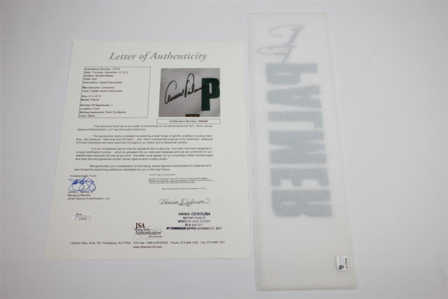 Arnold Palmer Signed 'Palmer' Caddie Jacket Nameplate FULL JSA #X88290