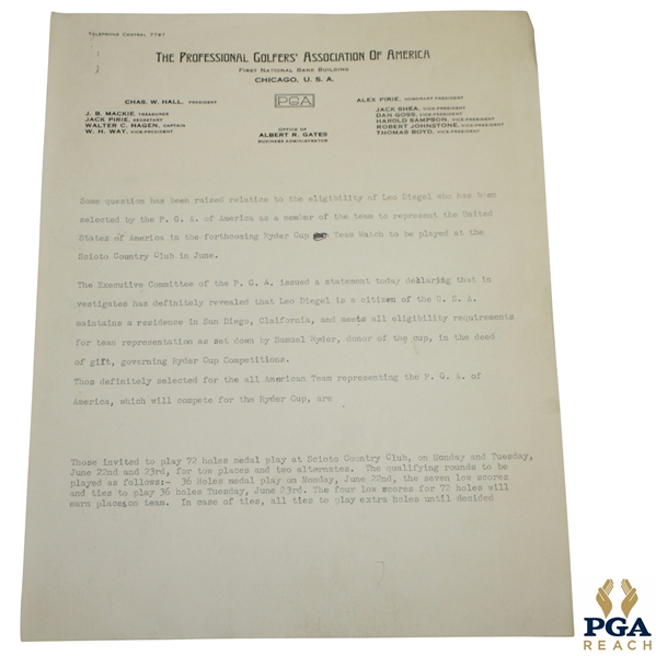 PGA of America Correspondence Questioning Leo Diegel US Citizenship for 1931 Ryder Cup