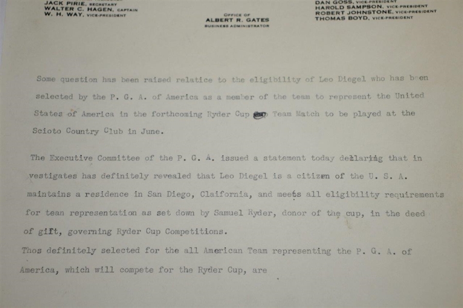 PGA of America Correspondence Questioning Leo Diegel US Citizenship for 1931 Ryder Cup