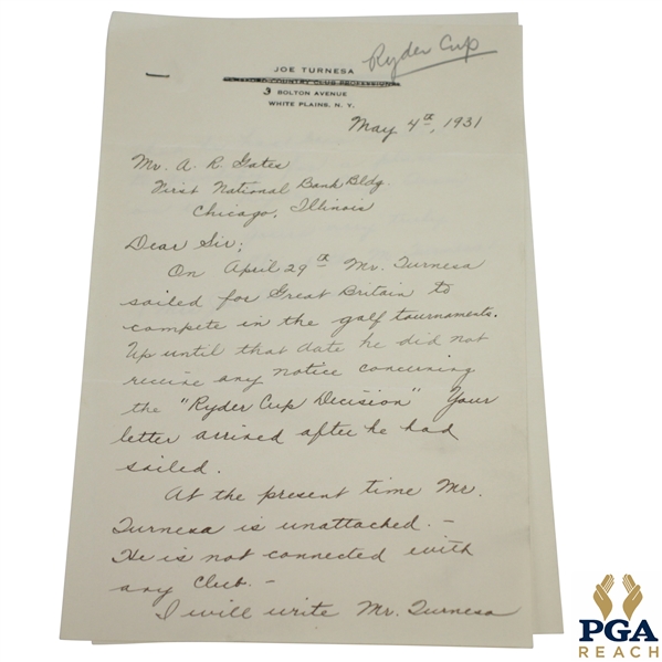 1931 Letter from Joe Turnesa's Wife - Joe Is Unaware of Qualifying for Ryder Cup Decison