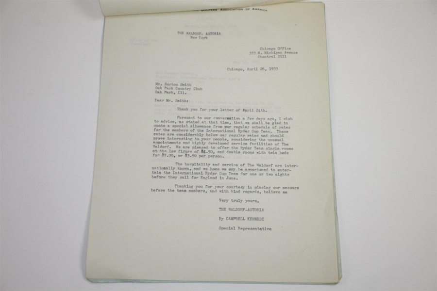 Horton Smith Signed Handwritten 1933 Ryder Cup Hotel Team Invite Content Letter JSA ALOA