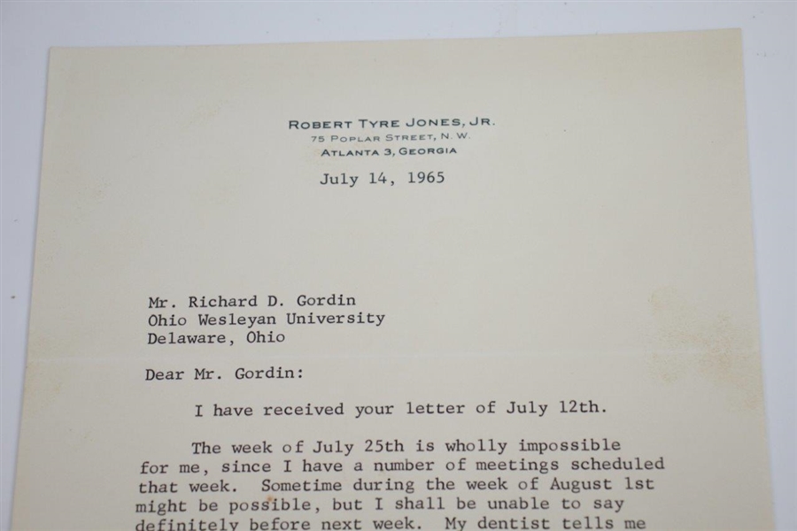 Bobby Jones Signed July 14, 1965 Letter on Personal Letterhead to Richard Gordin JSA ALOA