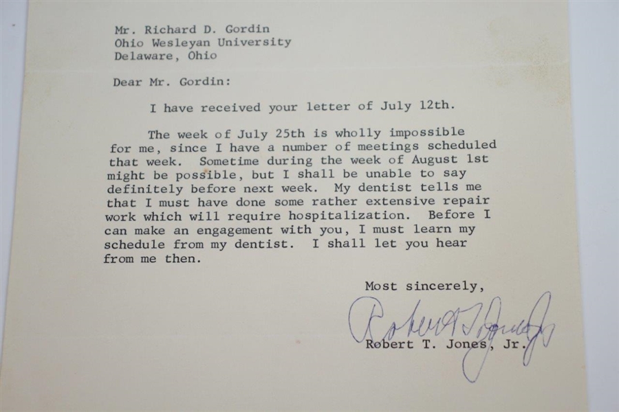 Bobby Jones Signed July 14, 1965 Letter on Personal Letterhead to Richard Gordin JSA ALOA