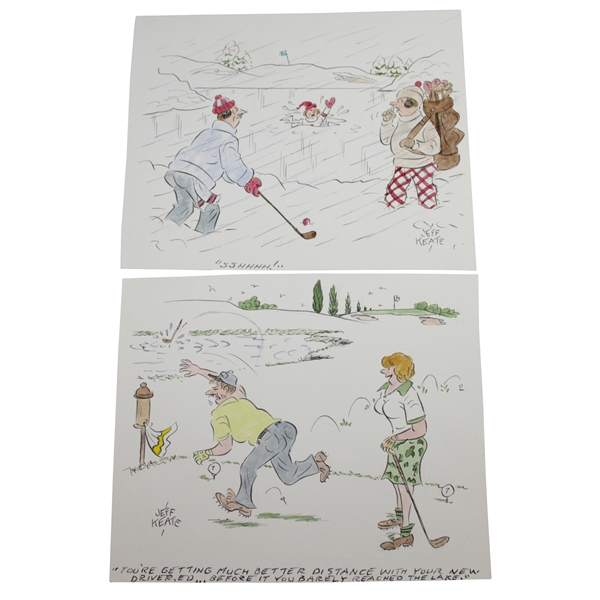 Two Original Hand Colored Jeff Keate Cartoons - Fall Through Ice & Throwing Driver in Lake