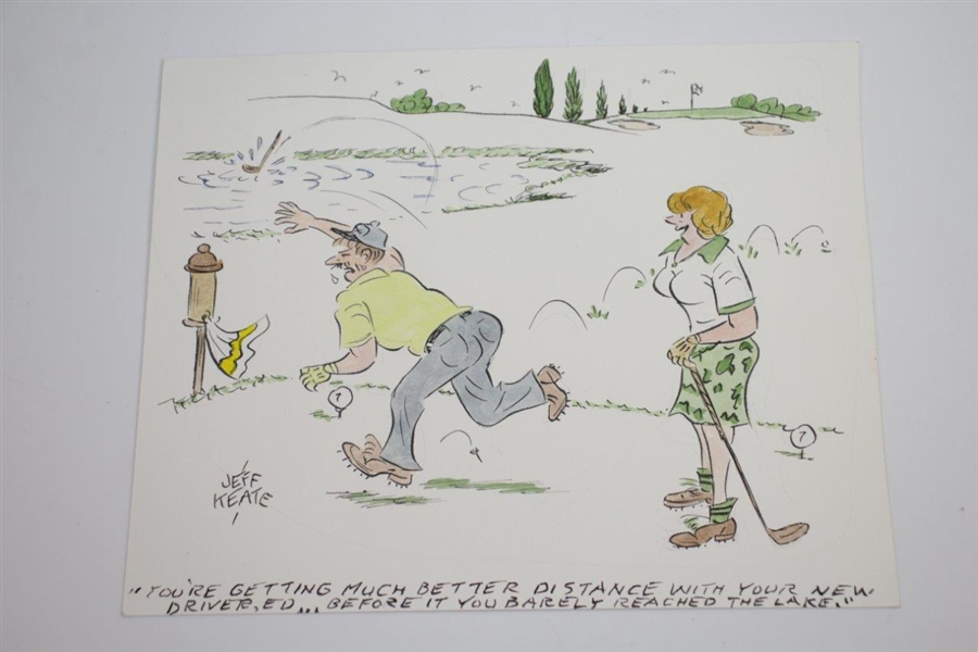 Two Original Hand Colored Jeff Keate Cartoons - Fall Through Ice & Throwing Driver in Lake