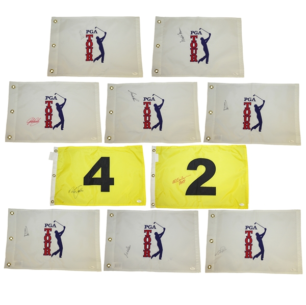Ten Major Champions Single Signed PGA Tour & Other Embroidered Golf Flags - All with JSA Certs
