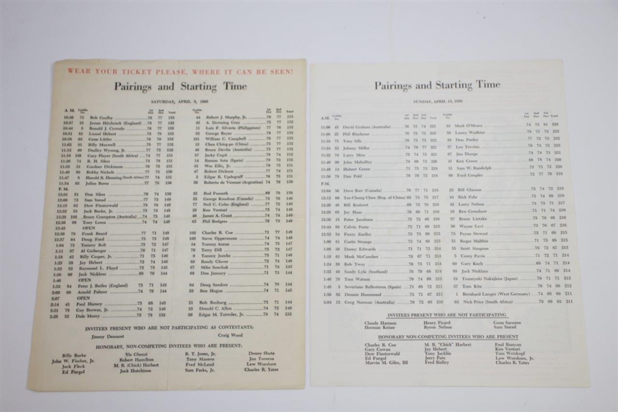 Masters Pairing Sheets from Jack Nicklaus' Third & Last Masters Wins - 1966 Saturday & 1986 Sunday
