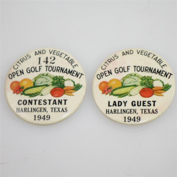 Two 1949 Citrus & Vegetable Open Golf Tournament Contestant Badge & Lady Guest - Rod Munday Collection