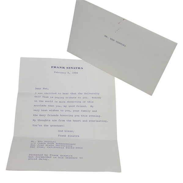 Ken Venturi's Congratulatory Typed Letter from Frank Sinatra with Envelope - 2/8/1988