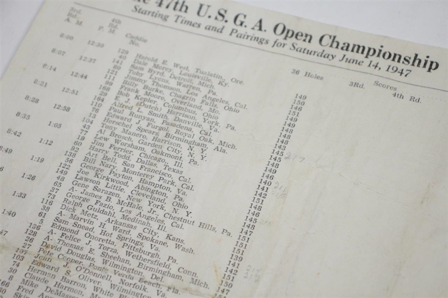 1947 US Open at Saint Louis Country Club Saturday Pairings Sheet  - Rod Munday Collection
