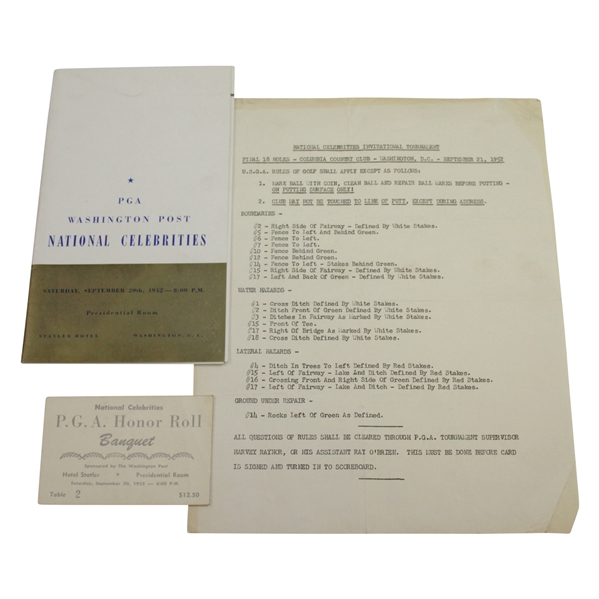 1952 National Celebrities Inv. Tournament Rules, Banquet Ticket, & Menu - Rod Munday Collection
