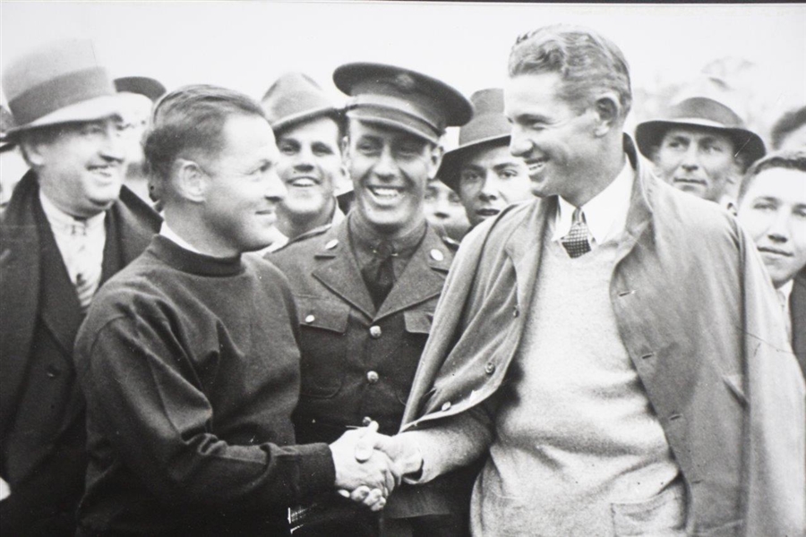 Oversized B&W Photo of Horton Smith Being Congratulated By Bobby Jones on 1934 Masters Win