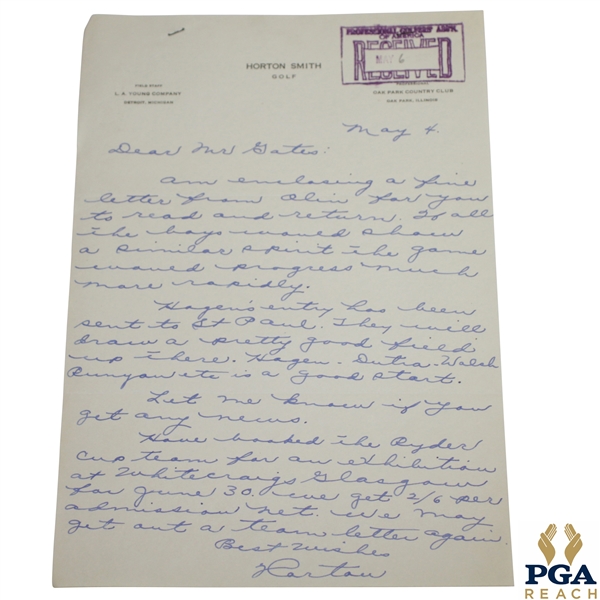 Horton Smith Signed Handwritten 1933 Ryder Cup Letter to A.R. Gates JSA ALOA