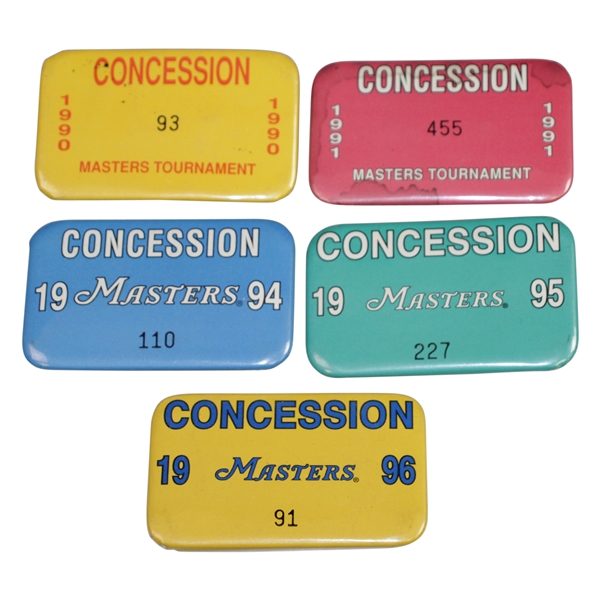 Five Official Masters Tournament Concession Badges - 1990, 1991, 1994, 1995, & 1996