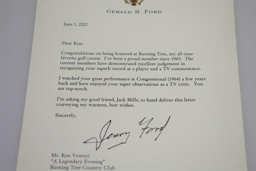 Ken Venturi's Personal Signed Congratulatory Letter from President Gerald Ford JSA ALOA