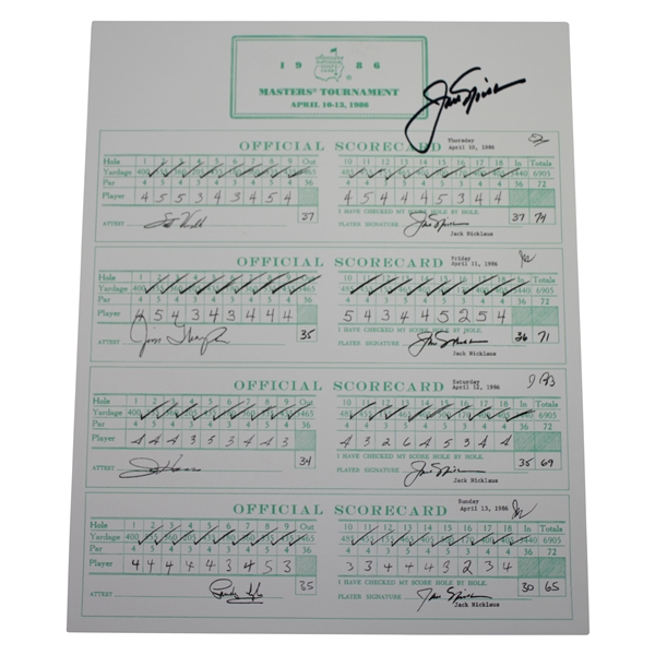 Jack Nicklaus Signed 1986 Masters Tournament Four Day Replica Scorecard Display JSA ALOA