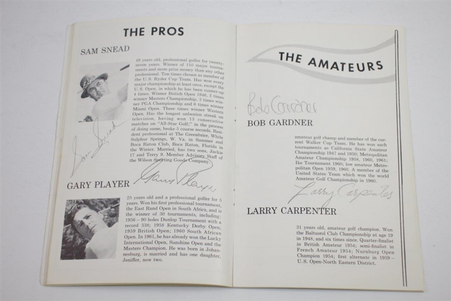 1961 Sam Snead & Gary Player (Pros) vs Gardner & Carpenter (Amateurs) Signed Program JSA ALOA