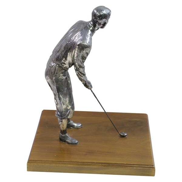 Large Silver Plated Golfer Figure Addressing Golf Ball on Wood Base - 14 Tall!