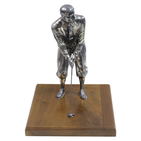 Large Silver Plated Golfer Figure Addressing Golf Ball on Wood Base - 14 Tall!