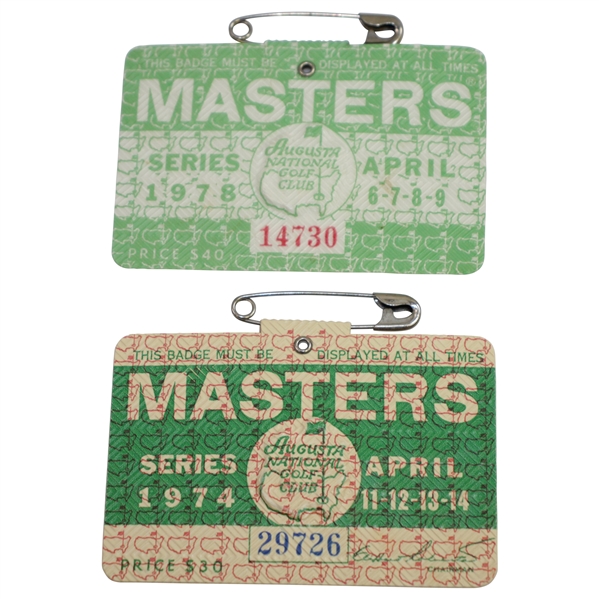 1974 & 1978 Masters Tournament Series Badges #29726 & #14730 - Gary Player Winner