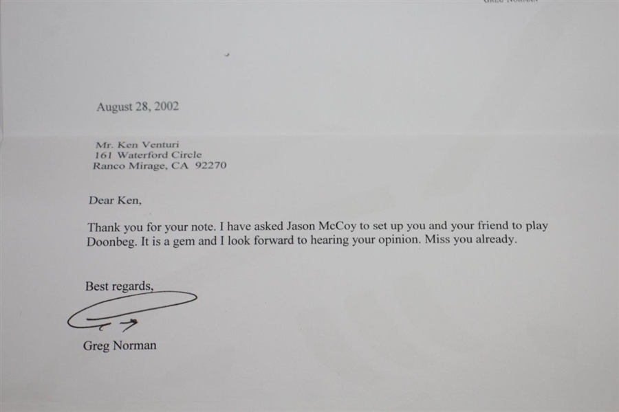 Ken Venturi's Personal Signed Letter from Greg Norman - Playing Doonbeg JSA ALOA